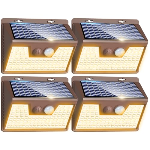 Image of Peasur Solar Lights Outdoor Motion Sensor Waterproof, 4Pack 140LED Brown Solar Powered Fence Light, 3 Modes Security Wall Lights for Garden Yard Outside(Warm White)