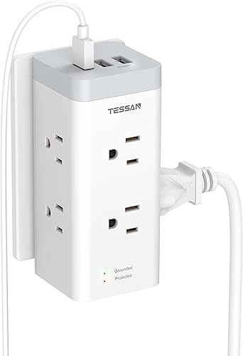 TESSAN - Extensor de toma de corriente múltiple con USB protector de sobretensiones con 3 cargadores de pared USB expansor de salida múltiple 1050J