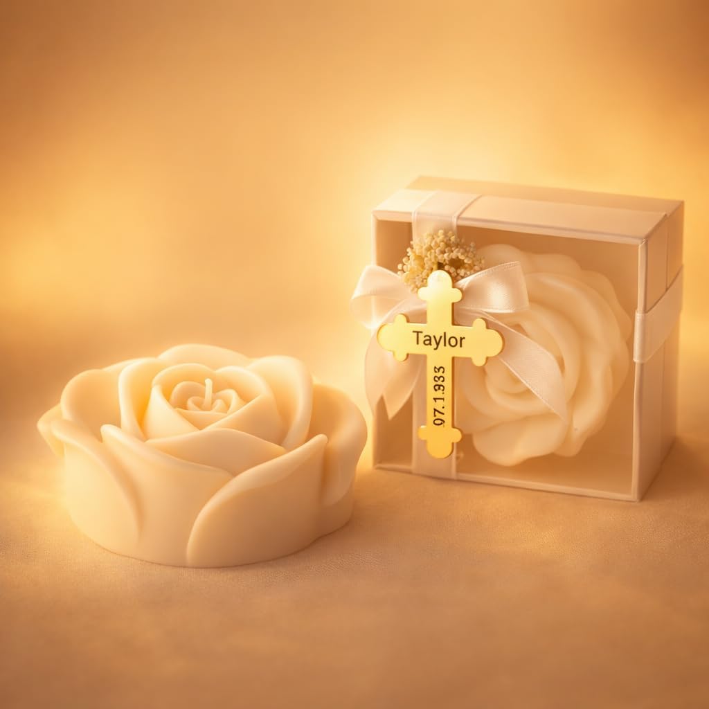 Personalized Rose Shaped Soy Candle Favors with Gold Acrylic Cross Label – Baptism & Christening Keepsake, Religious Wedding or Shower Gift Set (10–200 PCS)