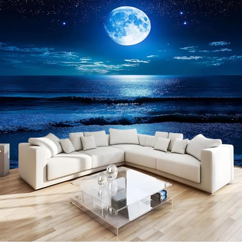 Papel Pintado fotográfico 3D Cielo Nocturno Luna Mar Paisaje Natural Azul 350x256 cm Mural de Pared Tejido no Tejido Póster Papel Pintado fotográfico Moda Infantil Decoración del hogar Reves
