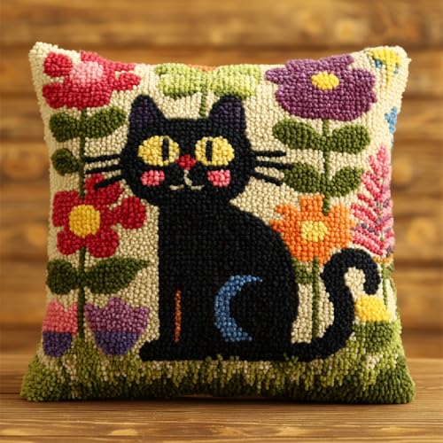 Ansiweigo - Kit de pestillo de ganchillo, 43 x 43 cm, juego de bricolaje, funda de cojín con funda de almohada, kit creativo para principiantes y adultos, decoración de salón y regalo, flor gato negro