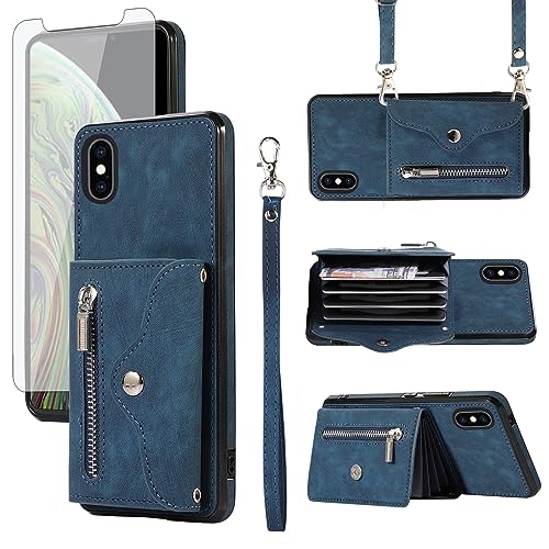 Protection iPhone Xs Max portefeuille en cuir bleu anti-chute avec rabat
