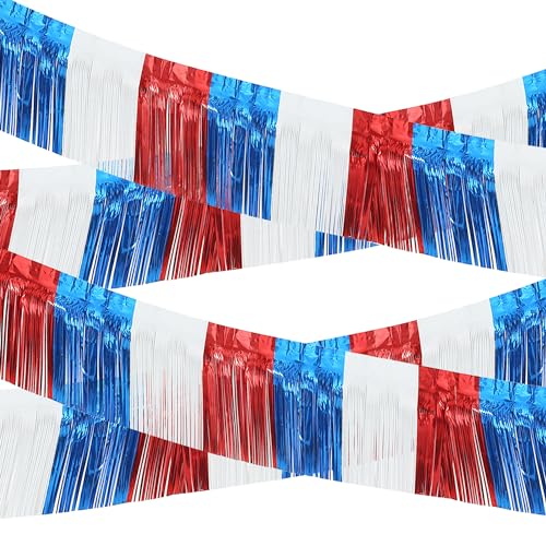 4 Pack 10 Feet Foil Fringe Garland Metallic Tinsel Streamers Banner Wall Hanging Fringe Backdrop Banner For Parade Floats Wedding Birthday Party Decoration (Royal Blue Red White)