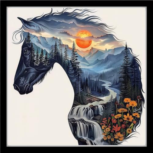 Image of Foxhool Stamped Cross Stitch Kits,11CT Printed Cross Stitch Pattern Full Embroidery Kits for Beginner Needlepoint Kits-Abstract Horse Scenery 18x18 inchs