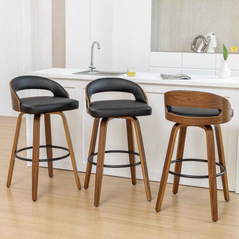 Set de 2 butacos giratorios de altura para barra, 30 pulgadas, con respaldo curvo de madera doblada y asientos tapizados, estilo moderno de mediados de siglo para cocina/barra en casa/café, color negro miniatura 5