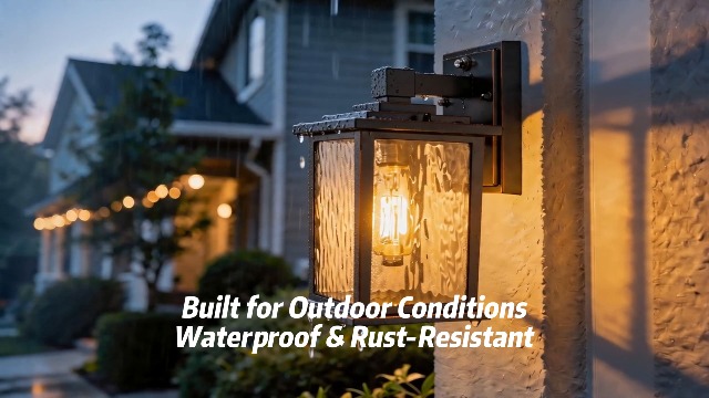 Image of Dusk to Dawn Outdoor Light Fixture, Oil-Rubbed Bronze Porch Light | 12'' Aluminum Outside Wall Lantern with Water Ripple Glass, Hardwired Exterior Sconce for Patio Garage, Bulb Not Included