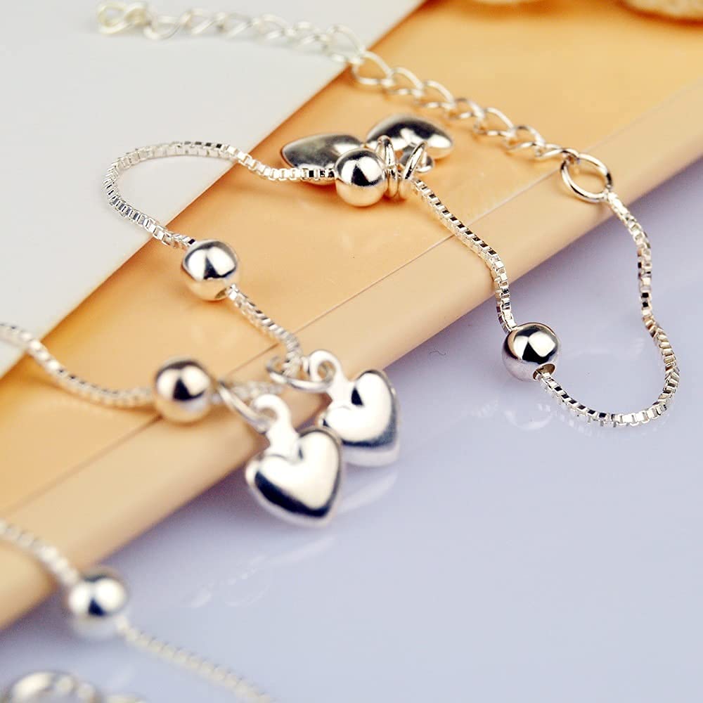 Fußkettchen Fuß, Neues 925 Sterling Silber Damen Fußkettchen Einfacher herzförmiger Anhänger Knöchelarmband Silberkette Sommer Beliebte Strandschmuck Geschenke