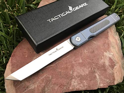 TACTICAL GEARZ TG Tatsu, Tc4 Titanium/Carbon Fiber Handle! Front Flipper, Japanese Style EDC Folding Knife w/Sheath! Polished D2 Steel Tanto Blade! Ball Bearing Pivot System! (Tatsu Blue Pearl)