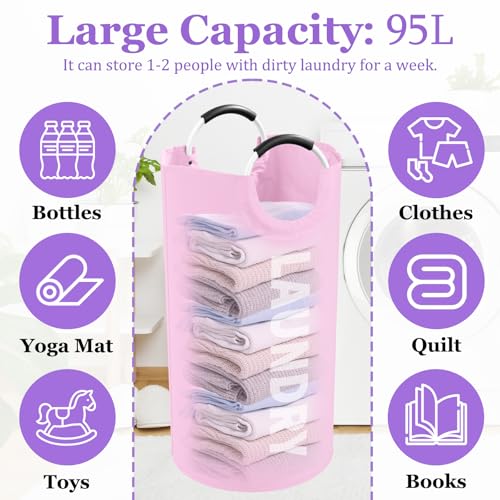 Image of 2Pcs Foldable Pink Laundry Basket for Family, 95L Portable Laundry Baskets with Aluminum Handles, Multi-functional Dirty Clothes Hampers for Dorm, Travel, Pink