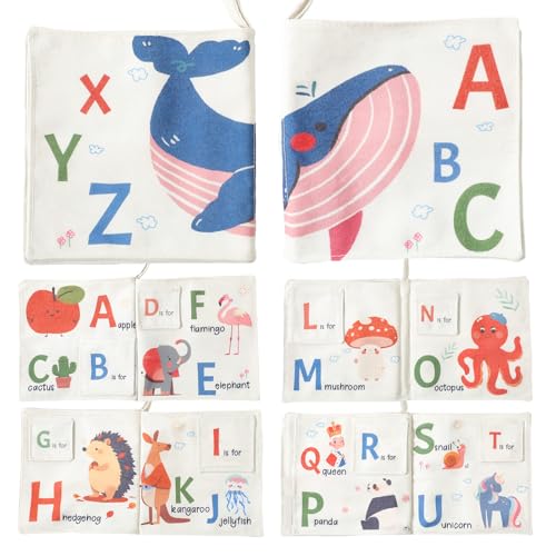 Interactive Alphabet Cloth Book for Babies, 26 Letters Lift-The-Flap Learning Toy with Colorful Animal Illustrations, Soft & Washable Fabric Book for Infants and Toddlers