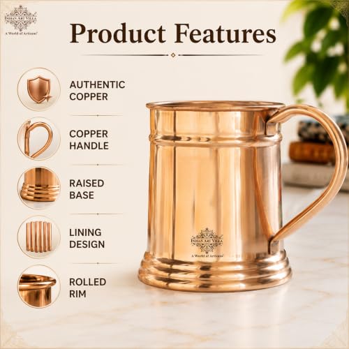Image of INDIAN ART VILLA Pure Copper Large Beer /Cocktail Mug Cup, Barware, 600 ML