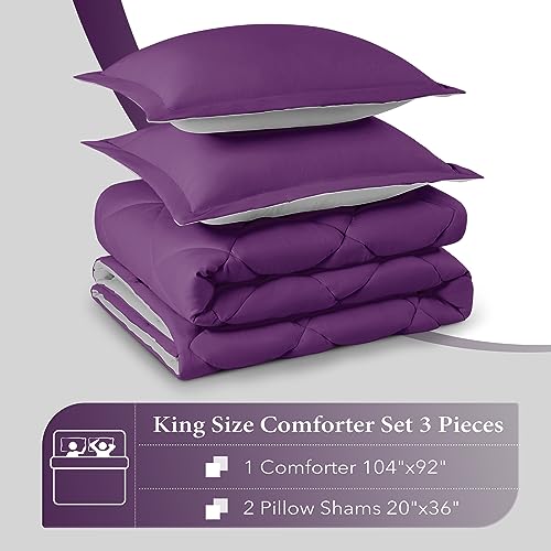 Image of downluxe King Size Comforter Set - Purple and Grey King Comforter, Soft Bedding Sets for All Seasons -3 Pieces - 1 Comforter (104 inchx92 inch) and 2 Pillow Shams(20 inchx36 inch)