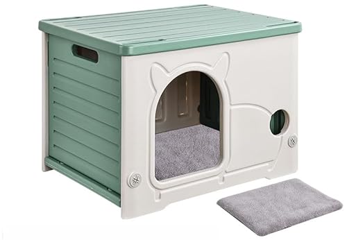 SHICAIJIA猫 ハウス ペット外猫ッ犬小屋 屋外 毛布付き 組み立て簡単 野良猫 避難所 猫 屋外 室内 防水 防風 換気 四季通用 組立簡単 クッション付き (ライトグリーン(コットンパッド),54*38*41cm)