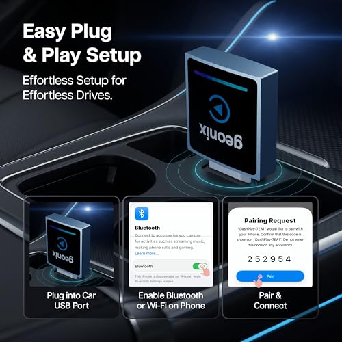 Image of Geonix DashPlay 2-in-1 Wireless Car Receiver for Android Auto & Apple CarPlay, Converts Wired to Wireless, Bluetooth Plug & Play Receiver - Compatible with OEM Factory-Fitted Wired Systems (Black)