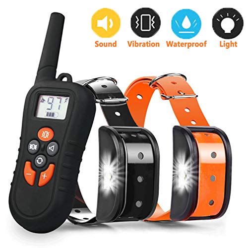 JJOBS Collar de Adiestramiento para Perros Sin Descargas Eléctricas con Rango de 500 Metros, Funciones Vibración, Sonido y Luz LED, Impermeable y Recargable (2 Perro)