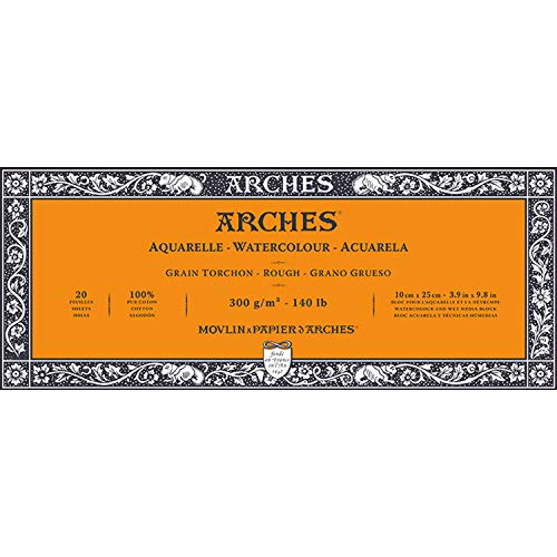 Arches Arsh 1795081 Watercolor Paper Blocks 10.6 oz (300 g), Rough 3.9 x 9.8 inches (10 x 25 cm), 20 Sheets, white