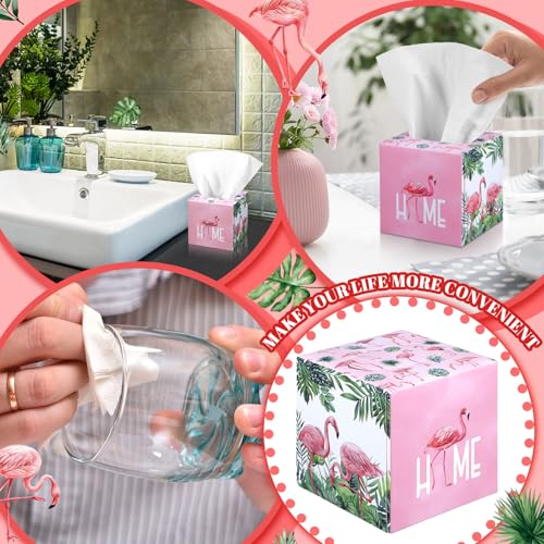 Image of Fourluoo 12 Pack Summer Flamingo Facial Tissues Cube Boxes, 600 Sheet 3 Ply | Tropical Pink Flamingo Palm, Fits Car Holder Bedroom Desk, Soft Square Face Tissues Bulk for Home Office Travel Supplies