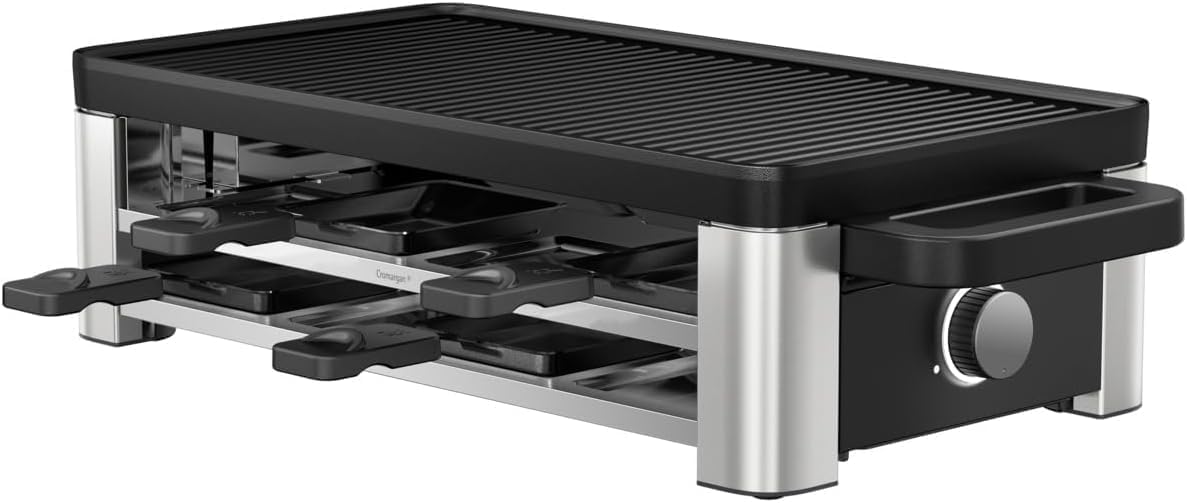 WMF Lono Selection Raclette Grill 8 Personen – Hochwertiger Cromargan Edelstahl, 1500W Leistung, keramikbeschichtete Grillplatte, 8 Pfännchen und Spatel, Temperaturregelung und Ablage
