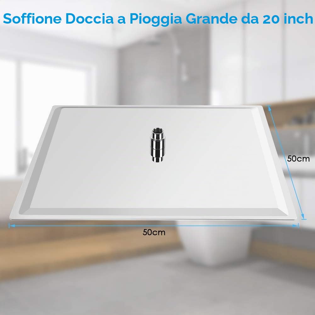 50 x 50 cm Soffione Doccia a Pioggia in Acciaio Inossidabile, Soffione Rettangolo Ultrasottile da 16 Pollici, Soffione doccia a Incasso Tondo ad Alta Pressione e Risparmio Idrico per Bagno, Argento