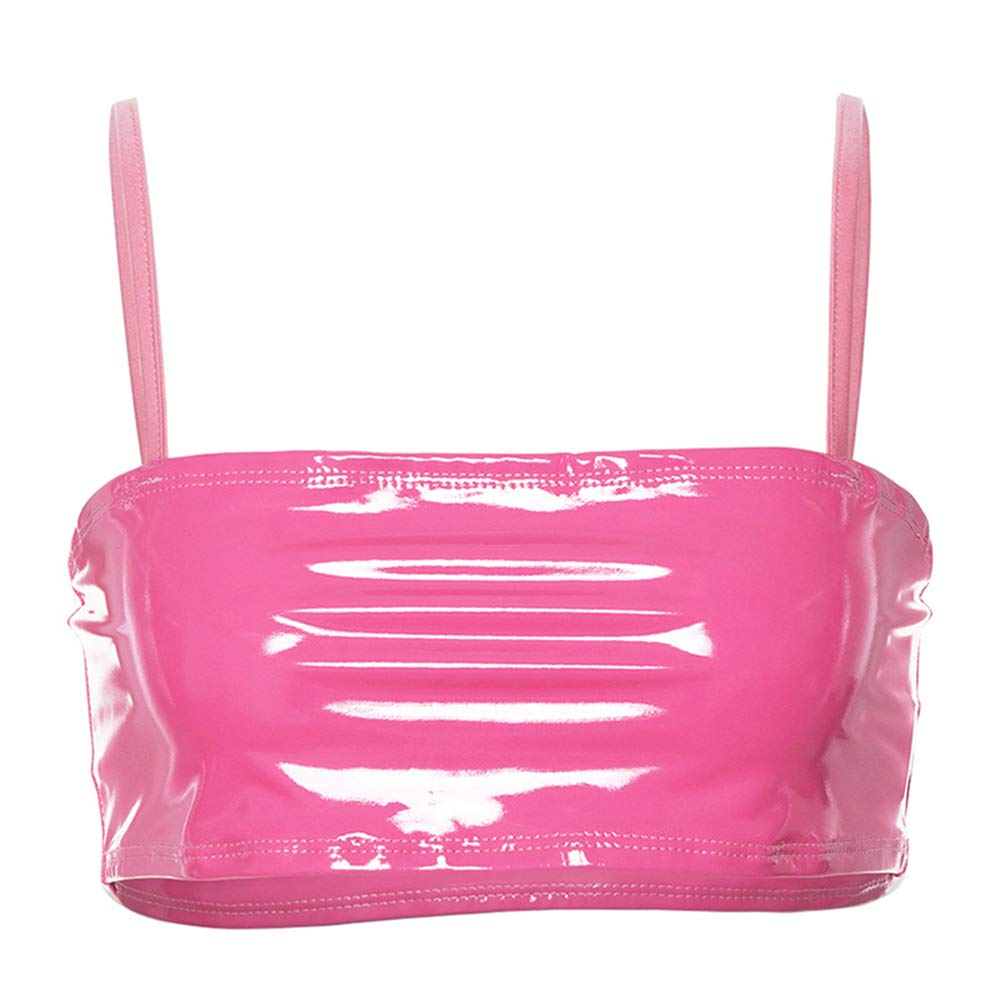 Women Rave Festival Neon PU Leather Crop Tops Spaghetti Straps Tube Top for Club Party