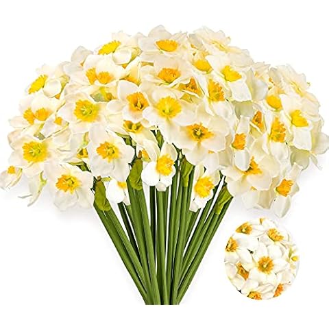Hjyokuso 12Pcs Artificial Daffodils Flowers Faux Daffodil Flower Bouquet Simulation Narcissus Flowers for Home Office Bridal Wedding Party Decor, DIY Floral Arrangement Table Centerpiece, White Cover