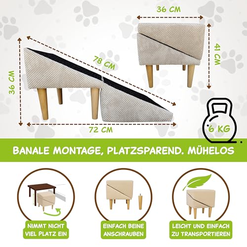 Outentin Hundetreppe Klappbar – Rutschfeste Hunderampe & Weiche Haustiertreppe für Kleine & Große Hunde, Treppe für Sofa & Bett, Stabil & Faltbar, Möbeloptik, 36 cm Hoch – Zuhause & Unterwegs,Hellgrau
