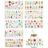 ktxaby 9 Stück UV DTF Tassen Transferaufkleber 24,5 x 11,5 cm, Tulpen Blumen DIY Cup Wrap Sticker für Glasbecher, Holz & Möbel Dekoration