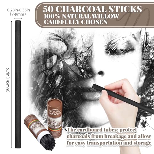Gueevin 50 Piece Willow Charcoal Sticks, Soft Black Drawing Charcoal, 5.7" Long