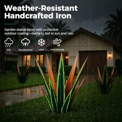 Image of KODIBO 24 inch Metal Agave Plant Outdoor Decor, Large Yard Art, Vintage Green | Weather-Resistant Metal, Hand-Painted Finish, Desert Steel Yard Art, Tequila Rustic Sculpture, Garden Decor for Outside