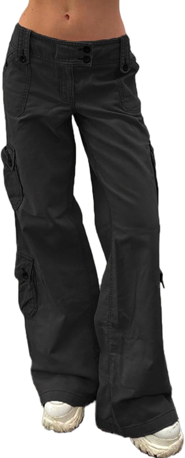 Womens High Waist Parachute Cargo Pants Baggy Y2k Straight Wide Leg Multi Pockets Joggers Trousers Streetwear