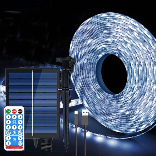 SUAVER Striscia LED Solare Esterni 10m 240LED luminosa solare Impermeabile flessibile nastro LED con telecomando a 8 modalità,Catena Luminosa decorazione per giardino,alberi di Natale (Bianco)