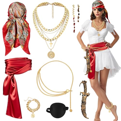 CHMMY Disfarce pirata mulher com bandana, punhal, cinto, remendo no olho, colar, pulseira, corrente de cintura, para festa de Halloween, Cosplay, Carnaval