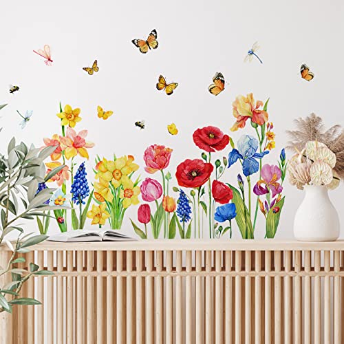 Yovkky Garden Flowers Wall Decals Stickers, Spring Summer Floral Daffodil Iris Home Bedroom Decor, Butterfly Dragonfly Living Room Kitchen Decorations Art #TOP3