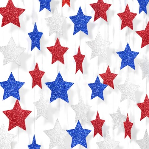 Image of Patriotic Glitter Star Garland Banner Streamers - 2.76 Inch 52 FT 4 Strands Paper - Red White and Blue Hanging Decorations for American 4th of July, USA Independence Day, Memorial Day, Labor Day