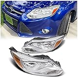 ECOTRIC Pair Headlights Assembly Compatible with 2012-2014 Ford Focus Head Lamps, Bulbs Include, Left+Right Chrome Housing Trim, Halogen Type