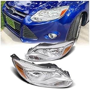 ECOTRIC Pair Headlights Assembly Compatible with 2012-2014 Ford Focus Head Lamps, Bulbs Include, Left+Right Chrome Housing Trim, Halogen Type