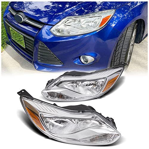 ECOTRIC Pair Headlights Assembly Compatible with 2012-2014 Ford Focus Head Lamps, Bulbs Include, Left+Right Chrome Housing Trim, Halogen Type