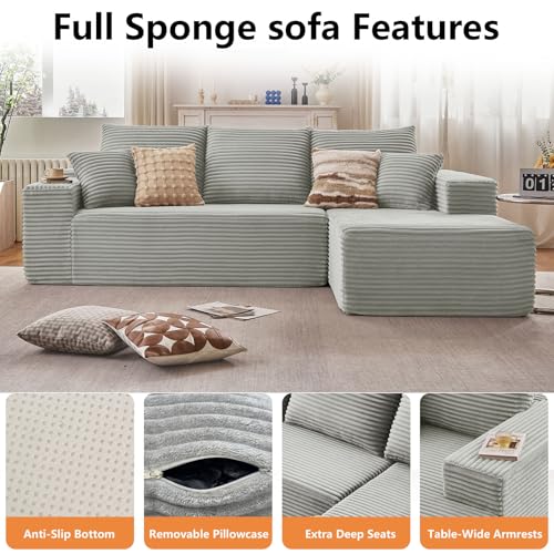 Image of 96 inch Modular Sectional Sofa, Modern Corduroy Cloud Couch with Deep Seat, Boneless Couch Upholstered 3-Seater L-Shaped Sofa for Living Room, No Assembly Required (Light Gray, Right-Facing Chaise)