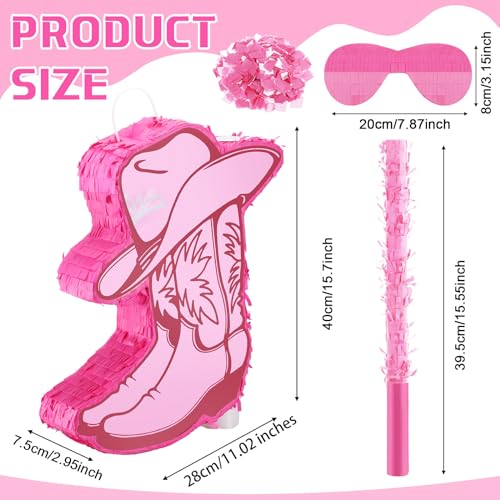 Jexine Cowgirl Boot Piñata Bundle with a Blindfold and Bat Birthday Piñata Piñatas for Western Cowboy Theme Birthday Party Decors Party Favors Photo Prop Candy Holder Party Supplies (Pink Boot)