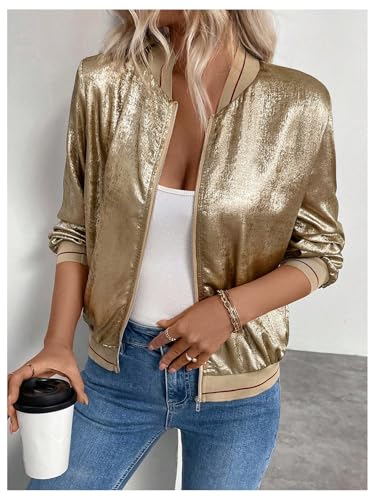 Verdusa Women's Metallic Zipper Bomber Disco Party Jackets Outwear Long Sleeve Lightweight Jacket Coats3