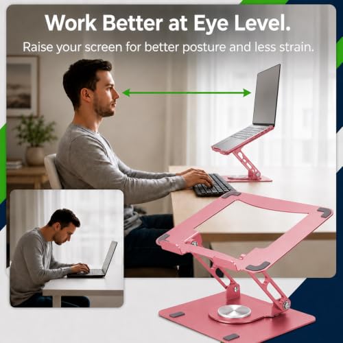 Image of Uncaged Ergonomics Swivel Laptop Stand for Desk, Adjustable Computer iPad Stand for Desk w / 360 Rotation, Portable Laptop Holder for Home Office Ergonomic Supplies (Brushed Pink)