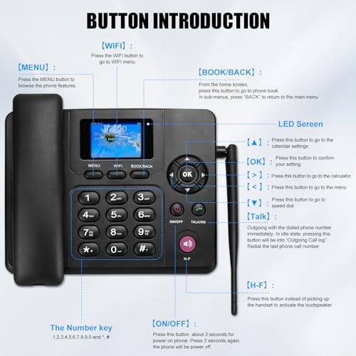 Lychee 2,3,4G Schnurloses Festnetztelefon - Dual SIM, WiFi - Mehrsprachig, großes Farbdisplay mit Hintergrundbeleuchtung- Abnehmbare Antenne- Tischtelefon für Büro/Hotel/Wohnungen