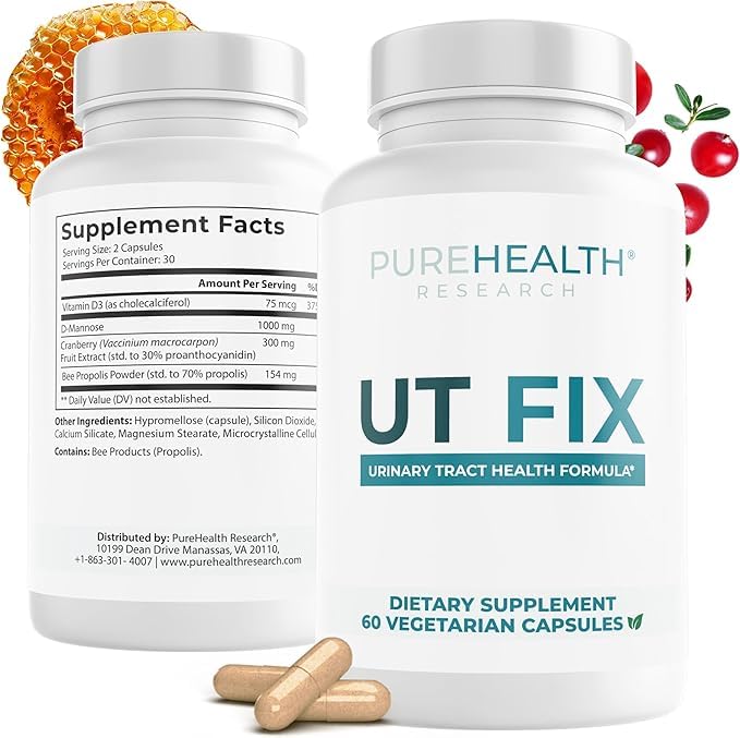 Evorina PUREHEALTH RESEARCH UT Fix - Urinary Tract Health Formula - Urinary Tract Support for Women & Men - Cranberry Supplement with D Mannose 1000mg, Vitamin D3 & Bee Propolis - 60 Capsules | High Strength Herbal Supplement | Clean Label Ayurvedic Wellness-image-34
