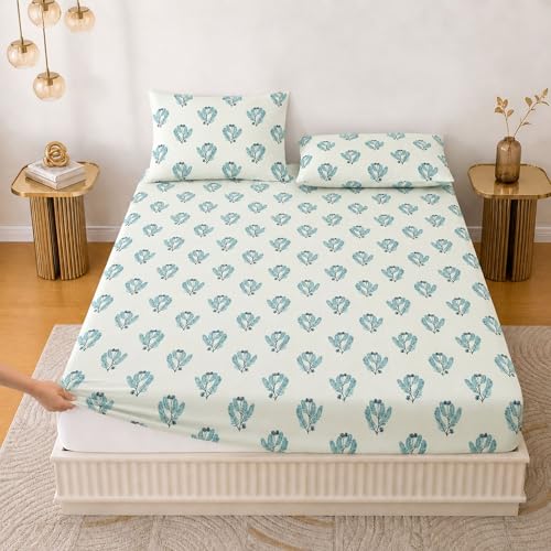 Image of Jaipur Weaves King Size Elastic Fitted Bedsheet, 100% Pure Cotton King Size Fitted Bedsheet for Double Bed with 2 Pillow Covers, 240 TC, 72x78 Inches up to 8-inch Mattress, Leafy(Spring Tulips Green)