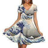 ENLACHIC Women's Casual 3D Print V-Neck Short Sleeve Loose Flowy Swing Vincent Van G Dress, The Great Wave Off Kanagawa, Small