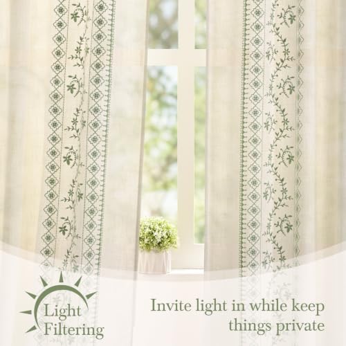 Image of Yinhua Boho Curtains for Living Room 84 Inch Long Sage Green Embroidered Floral Bedroom Curtains, Farmhouse Light Filtering Window Curtain Rod Pocket & Back Tab Drapes, 52 inch W x 84 inch L, 2 Panels