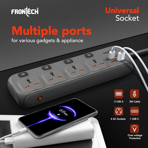 Image of FRONTECH Power Extension Socket | 2500W Heavy Duty Extension Board with 4 Universal Sockets, 3 USB-A + 1 USB-C Ports, Individual Switches, 3 Meter Copper Cable | 1 Year Warranty (FT-3566)