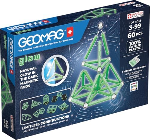 Geomag Glow Recycled 60 Stück Magnetisches Spielzeug für Kinder, Geschenk für Jungen und Mädchen im Alter von 5 6 7 8 9 10 11 12 13 Jahren, magnetische Konstruktionen, Kinderspielz