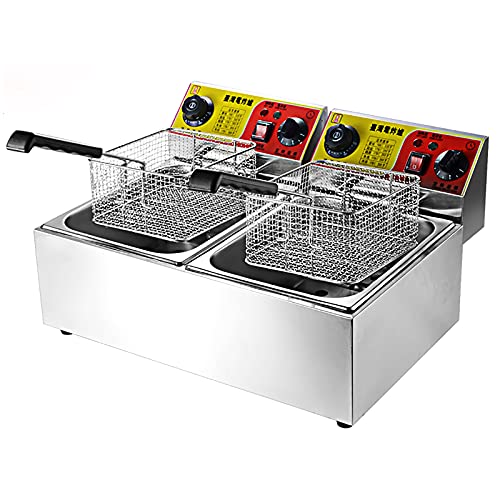 Freidora Eléctrica, Freidora Profesional De Acero Inoxidable Con Tapa Y Cesta, Temperatura Y Temporizador Ajustables, Aceite Fácil De Limpiar (10L+10L)