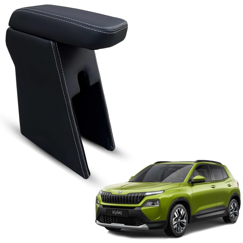 Carigiri Premium Finish Car Armrest with Storage Box And High Density Moulded Foam For Skoda Kylaq (Black With White Seam,Nappa Leatherette)-picture-26